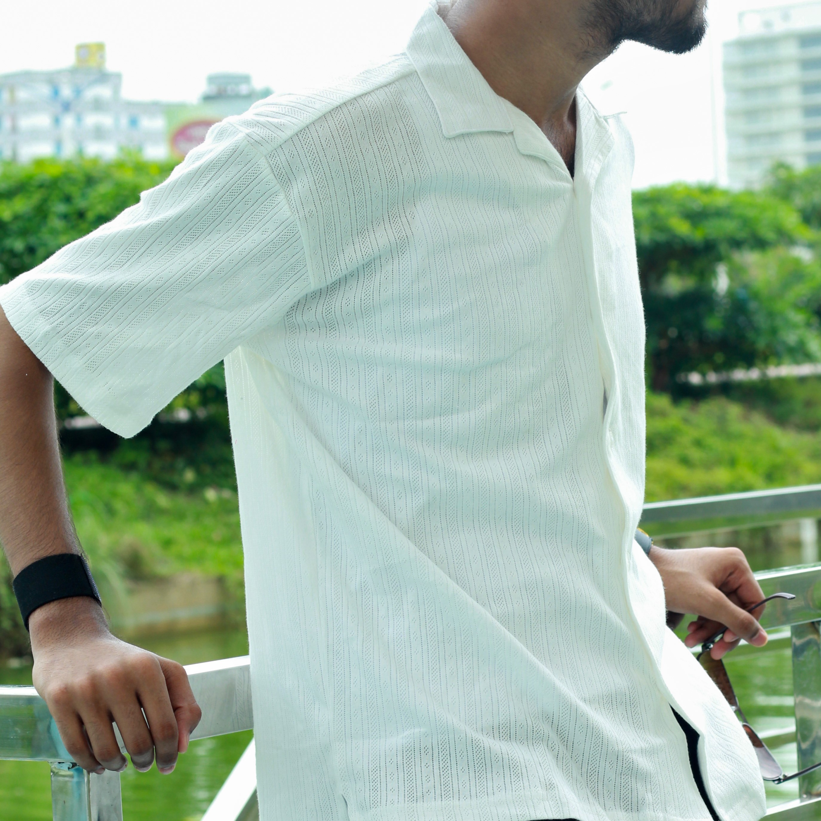 Cuban collar knitted Men's Half Sleeve Shirt - White