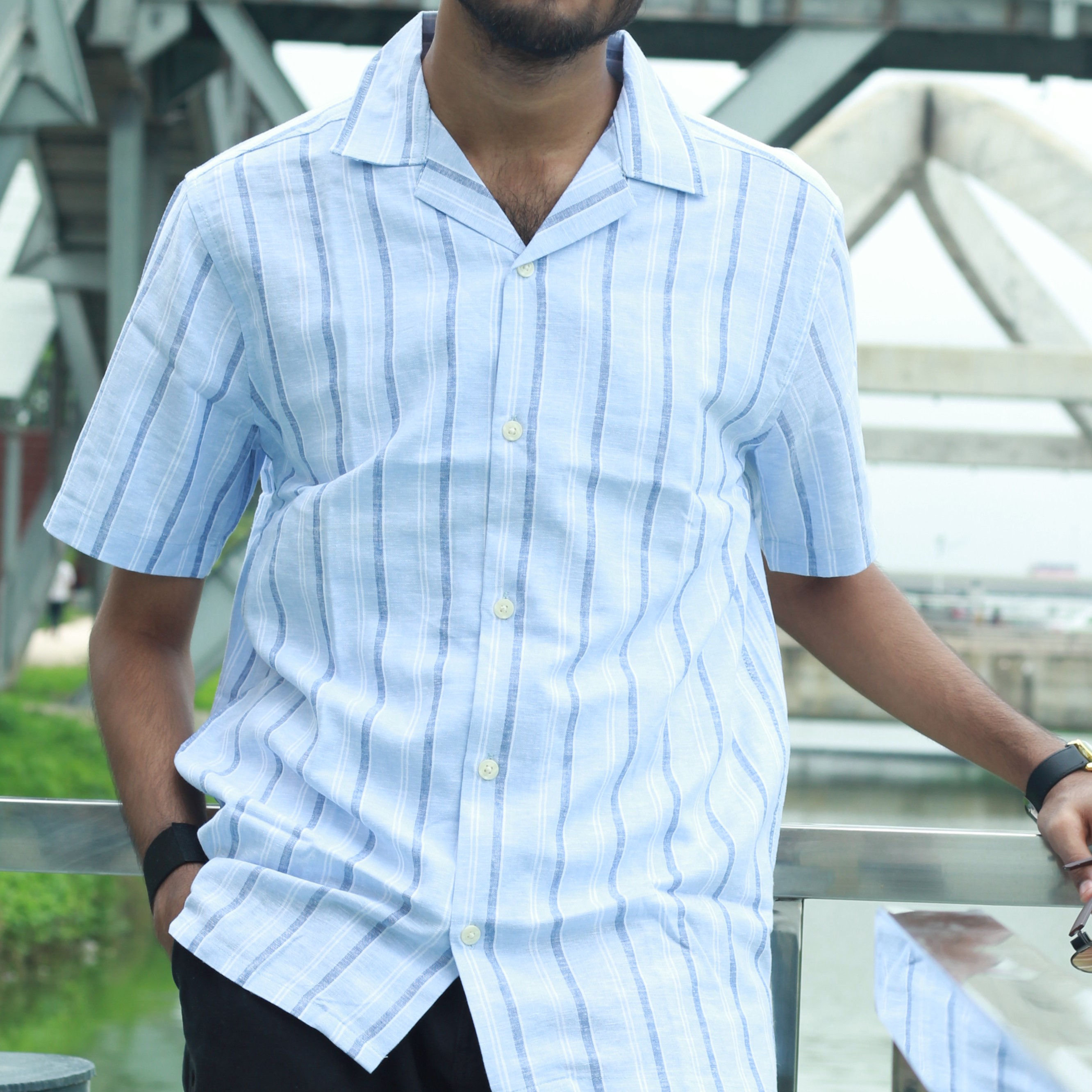 Cuban collar Men's Remi Cotton Half Sleeve Shirt - SkyBlue Vertical Striped